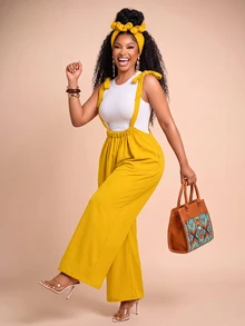 Brilight Women Wide Leg Jumpsuit, Bowknot Spaghetti Strap Backless Ruched Satin Romper, Vacation Outfit For Holiday Garden Party Mustard Yellow Summer - Mustard Yellow - View 9