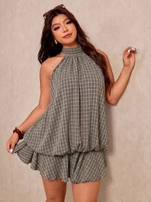 Elaquor Plus Size Women's Plaid Fashion Halter Neck Dress With Ruffle Hem - Black - View 6