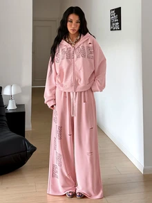 StreetHx Women's Pink Distressed Style Printed Hoodie Jacket + Long Pants 2 Pieces Set - Pink - View 6