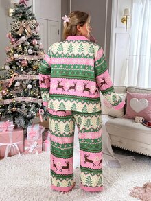Slumberry CURVE Christmas Cute Reindeer Christmas Tree Snowflake Island Print Open Front Long Sleeve Plus Size Pajama Set - Multicolor - View 2