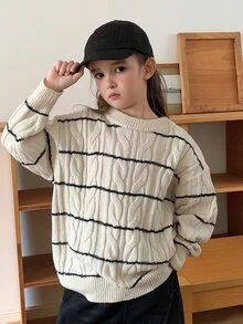 DAZY (Gadis Remaja) Sweater Rajut Kasual Leher Bulat Bergaris Blok Warna Lucu Bergaya Longgar - Aprikot - View 5