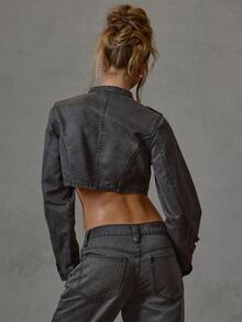 MUSERA Black Military Fastening Detail Cropped Fitted Denim Jacket Fall Winter Everyday Causal Back To School Forces - Grey - View 4