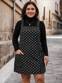SHEIN LUNE Plus Size Casual Mini Dress With Wide Straps, Button Decor And Pockets, - Black and White - View 5