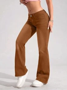 SHEIN PETITE Women's Casual Daily Travel Denim Long Pants With Pockets And Buttons,Fall/Winter,New Year Look - Brown - View 6