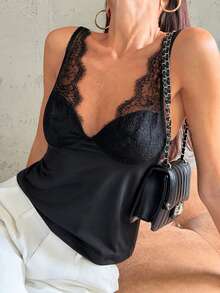 Aloruh Women's Autumn/Winter Sexy Lace Patchwork Deep V-Neck Tank Top - Black - View 5