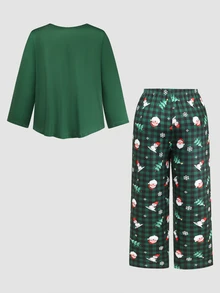 Chillnights Plus Size Women's Christmas Tree Print Long Sleeve Top And Pants Pajama Set - Green - View 2