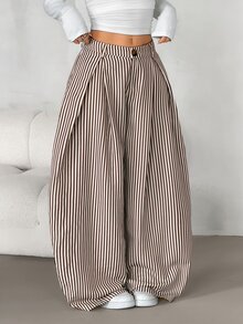 SHEIN PETITE 女款休閒通勤棕色紋理條紋寬鬆長褲，適合休閒通勤、休閒外出、日常穿著、休閒外出穿搭，實用條紋長褲，條紋寬鬆長褲 - 杏色 - 查看 5
