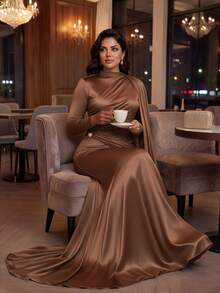 SHEIN Lady Plus Size Women Solid Color Pleated Ribbon Design Elegant Dress - Coffee Brown - View 6
