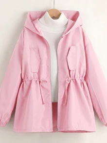 SHEIN 青少年女孩寬鬆休閒連帽極簡純色收腰長袖百搭風衣 - 粉色 - 查看 8