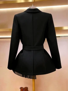 GlowEve CURVE Cardel 法式街頭風優雅繫帶領修身雪紡拼接設計多功能通勤女款外套，顯瘦時尚百褶拼接設計女式外套 - 黑色 - 查看 2