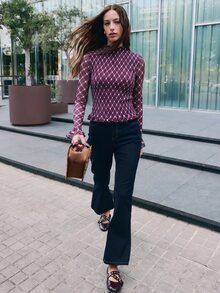 Nöista SMOCK PLAID MESH Stand Collar Flare Sleeve TOP - Burgundy - View 6