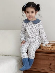 DAZY Infant Girl Peter Pan Collar Casual All-Over Print Long Sleeve Korean Style Loungewear - Blue and White - View 1