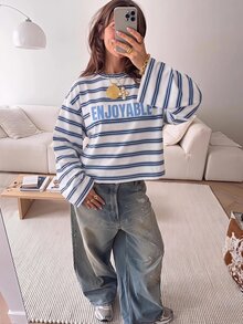 SHEIN EZwear 海外長袖清新草莓白奶油條紋T恤，秋季上衣，適合日常通勤、聚會、秋冬/夏季、聖誕節、新年、感恩節、派對、婚禮、海灘、畢業典禮、優雅、外出、約會、通勤、情人節、度假、Y2K、畢業典禮等場合 - 彩色 - 查看 6