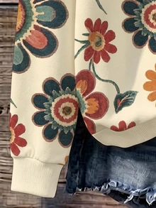 EMERY ROSE 女款秋冬戶外上衣，冬季服飾，滿福對比色花卉印花圖案，女款圓領休閒衛衣，花卉印花，日常穿著長袖衛衣，休閒風格，圖案設計，戶外，購物 - 彩色 - 查看 3