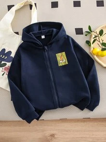 SHEIN 女童印花拉鍊連帽運動外套，休閒百搭春秋冬三季外衣 - 藍色 - 查看 2
