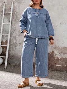 EMERY ROSE EMERY ROSE Plus Size Denim Two Pieces Outfits Fall/Winter Casual Y2K Basic Halloween Festival School - Blue - View 5