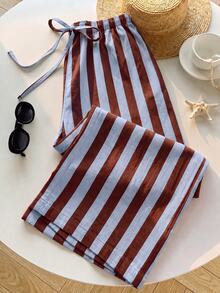SHEIN EZwear 女款休閒繫腰直筒長褲，適合夏季穿著 - 彩色 - 查看 4