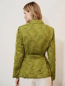 Aveloria Modichic Women's Blazer Slim Wrap Waist Jacquard Frayed Lapel Self Tie Fringe Commute Olive Green Elegant Designer Jacket Tops - Green - View 3