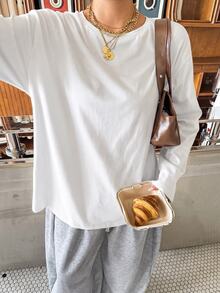 Muchica Women Plus Size Solid Color Fashion Casual Crew Neck T-Shirt - White - View 4