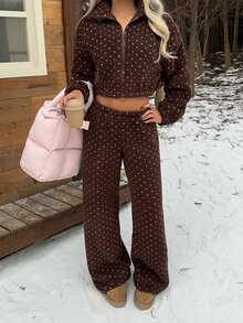 CovetEZ Jaket Wanita Gaya Korea Nyaman dengan Resleting Motif Jacquard Lengan Panjang - Coklat - View 4