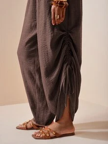 Zivah Women's Halter Neck Backless Tie Back Wide Leg Drawstring Jumpsuit - Coffee Brown - View 17