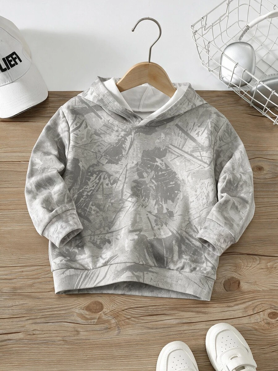 Young Boy Hooded Long Sleeve Sweatshirt, Classic Cool Tie-Dye Pattern Print, Classic Scratch Messy Pattern Print, Suitable For Street Style, Suitable For Autumn/Winter - Multicolor - View 1