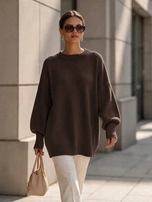 SHEIN 女款復古街頭風純色長袖毛衣，適合日常穿著 - 咖啡棕 - 查看 4