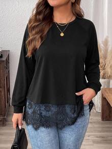 Easowa Curve Plus Size Fashion Versatile Lace Patchwork Long Sleeve Knit T-Shirt - Black - View 2
