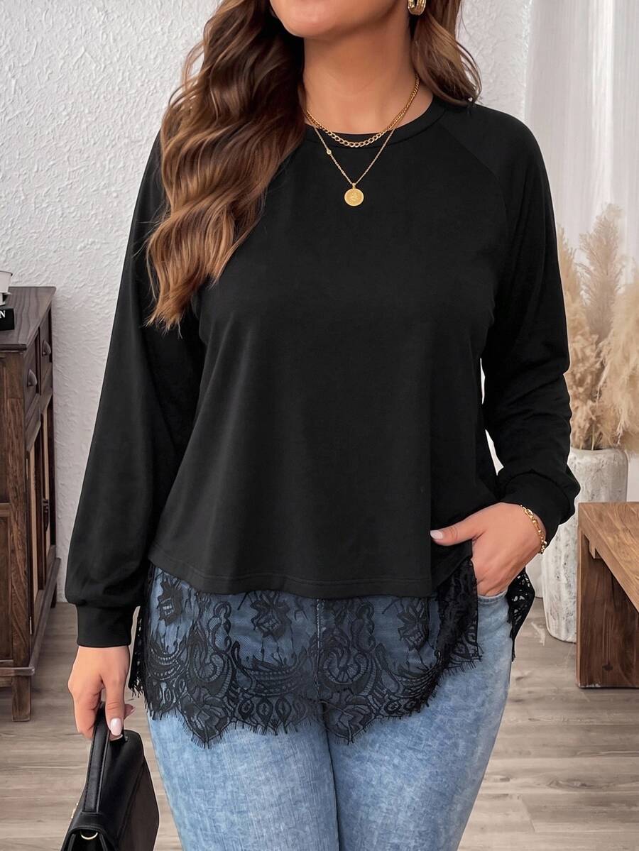 Easowa Curve Plus Size Fashion Versatile Lace Patchwork Long Sleeve Knit T-Shirt