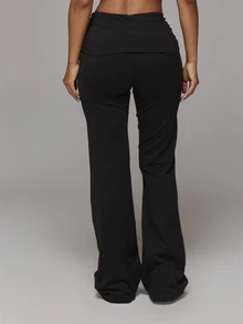 Musera Sport Fold Over Ruched Waist Logo Back Fitted Flare Wide Leg Yoga Style Leggings Sport Essentials Gym Workout Basics Autumn Fall Winter - Black - View 4