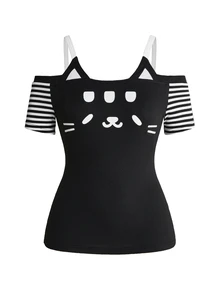 ROMWE Kawaii تي شيرت كاميسول نسائي لطيف بطبعة قطط وخطوط وتصميم باتشوورك - الأسود - مشاهدة 1