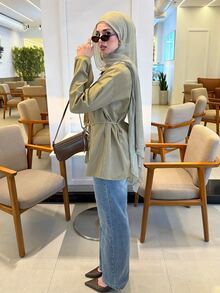 Solavon Women's Long Sleeve Knot Waist Belt Button Asymmetric Design Arab Style Blouse - Green - View 7