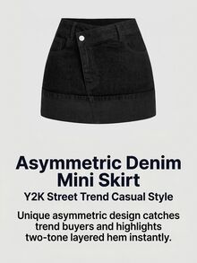 SHEIN MOD 女款不對稱腰頭口袋休閒牛仔裙 - 黑色 - 查看 5