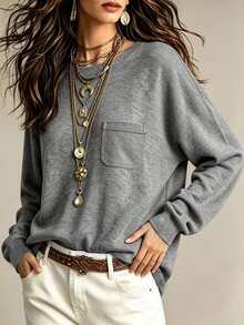 Glimmora Women's Simple Versatile Pocket Long Sleeve T-Shirt For Daily Commute - Grey - View 5