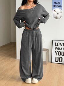 Coolane Women's Fall Winter Minimalist Streetwear Basic Daily Wear Going Out Sport Cold Shoulder T-Shirt And Wide Leg Sweatpants Cotton Grey 2 Pack - Dark Grey - View 2