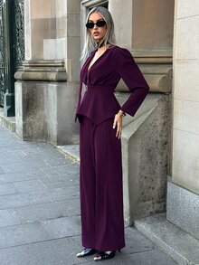 Aloruh Set Blazer dan Celana Wanita Warna Polos Fashion Kerah V Dalam - Red Violet - View 4