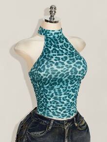 SHEIN ICON Women's Leopard Print Slim Fit Versatile Daily Wear Halter Neck Top - Blue - View 7