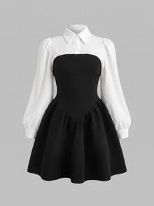 SHEIN 少女雙色燈籠袖二合一洋裝 - 黑與白 - 查看 5