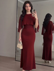 SHEIN Teen Girls Partywear Red Elegant Tight Fitted Dress Wedding Formal Dinner Summer - Burgundy - View 2