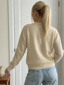 Strévra Women's Winter Beige Round Neck Button Cable Knit Long Sleeve Slim Fit Ribbed Cardigan - Beige - View 2