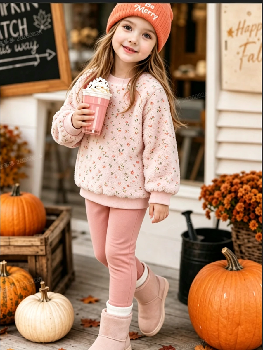 Young Girls Floral Hoodie & Sweatshirt Co-Ords, Autumn, Fall Tops Round Neck Long Sleeve Fuzzy Top Paired With Solid Color Pants
