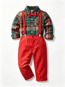 SHEIN 4-7 Years Old Boys Christmas Suspenders Set Plaid & Striped Pattern, Suitable For Birthday Party - Red - View 7