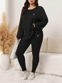 Comfylo Plus Size Women's Knight Graphic Long Sleeve Top And Pants Casual Daily Outfit Set - Black - View 7