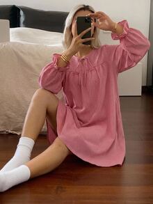 DAZY Plaid Half-Open Front Loose Long Sleeve Short Dress Women's Nightgown - Pink - View 4