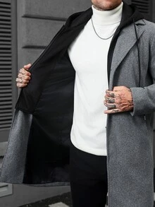 Manfinity CasualCool Men's Long Mature Business Classic Versatile 2 In 1 Colorblock Wool Coat, Open Front Hooded Style With Large Pockets, Autumn/Winter - Dark Grey - View 6