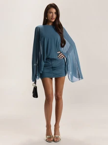 SHEIN BAE Fall Winter Teal Blue Boat Neck Sheer Flare Sleeve Ruched Bodycon Mini Dress Short Dresses Thanksgiving Day Of The Dead Party - Green - View 3