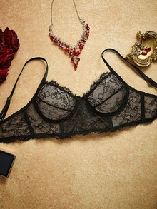 PinupPomp 1pc Women's Black Lace Eyelash Trim Sexy Bra, Lingerie For Girls - Black - View 1