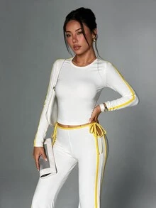 StreetHx Women's Round Neck Long Sleeve T-Shirt And Side Waist Cutout Tie Flare Pants Sports Set - White - View 6