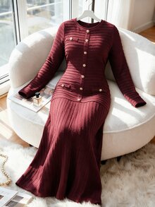 Modelyn Plus Size Women's Burgundy Woven Textured Striped Long Sleeve Metal Button Cinched Waist Bodycon A-Line Elegant Romantic Dress - Burgundy - View 8