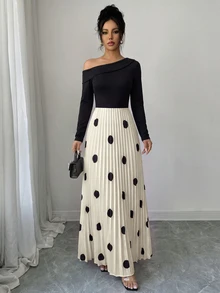 Elenzga Gaun Lengan Panjang Wanita Elegan dengan Bahu Asimetris dan Motif Polkadot Patchwork - Hitam dan Putih - View 7